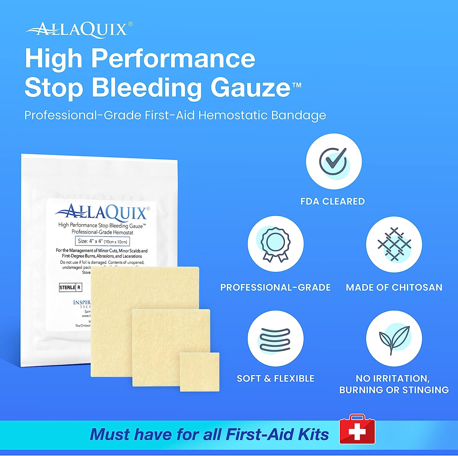 AllaQuix High Performance Gauze with icons for FDA cleared, professional-grade, made of chitosan, soft and flexible, and no irritation, burning, or stinging