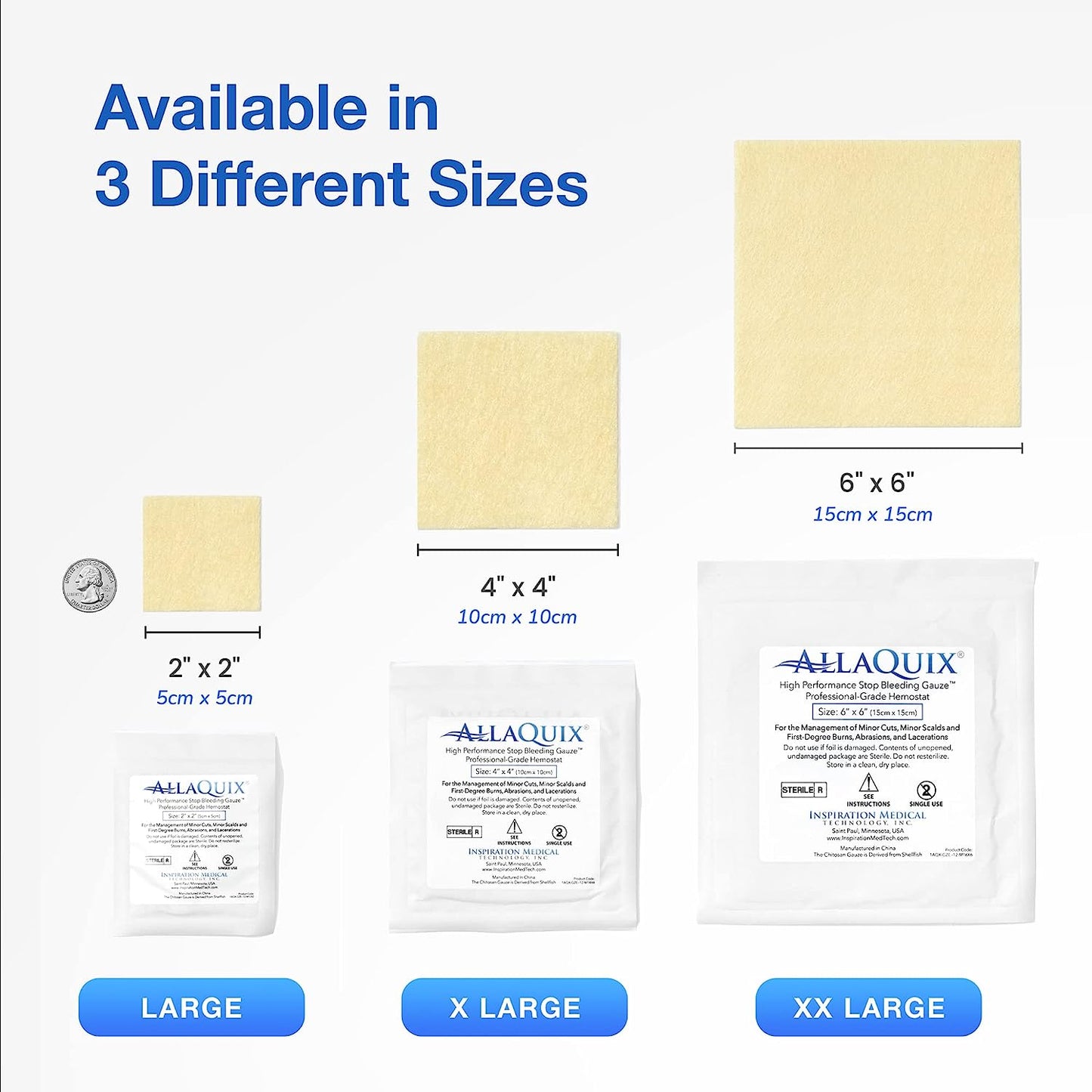 AllaQuix gauze available in 3 sizes: 2x2, 4x4, and 6x6 with packaging