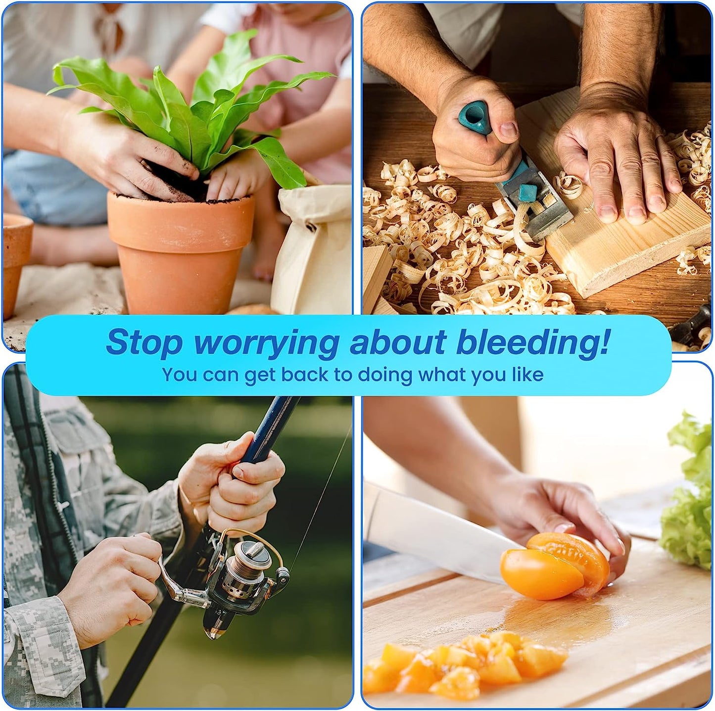 Lifestyle image showing people gardening, woodworking, fishing, and cooking using AllaQuix gauze