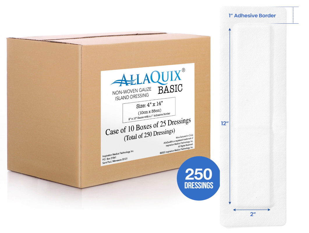 AllaQuix Basic is also sold by the case with 10 boxes of 25 dressings for a total of 250 non-woven gauze island dressings.