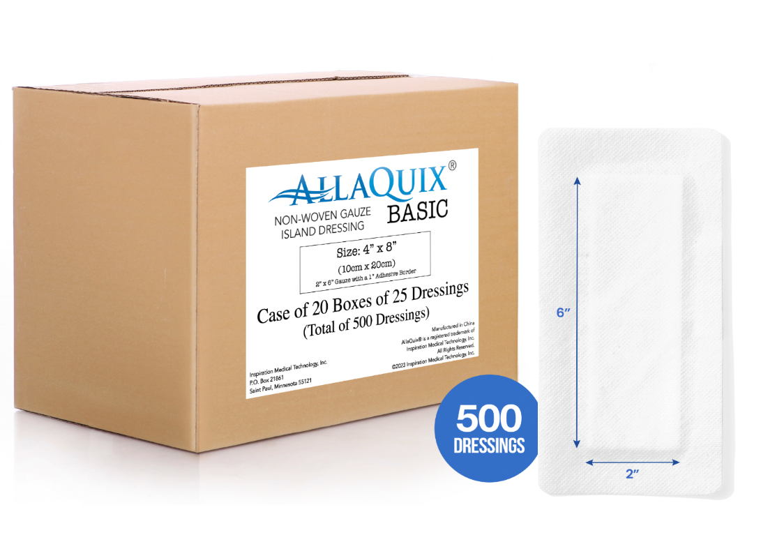AllaQuix Basic is also sold by the case with 10 boxes of 25 dressings for a total of 250 non-woven gauze island dressings.