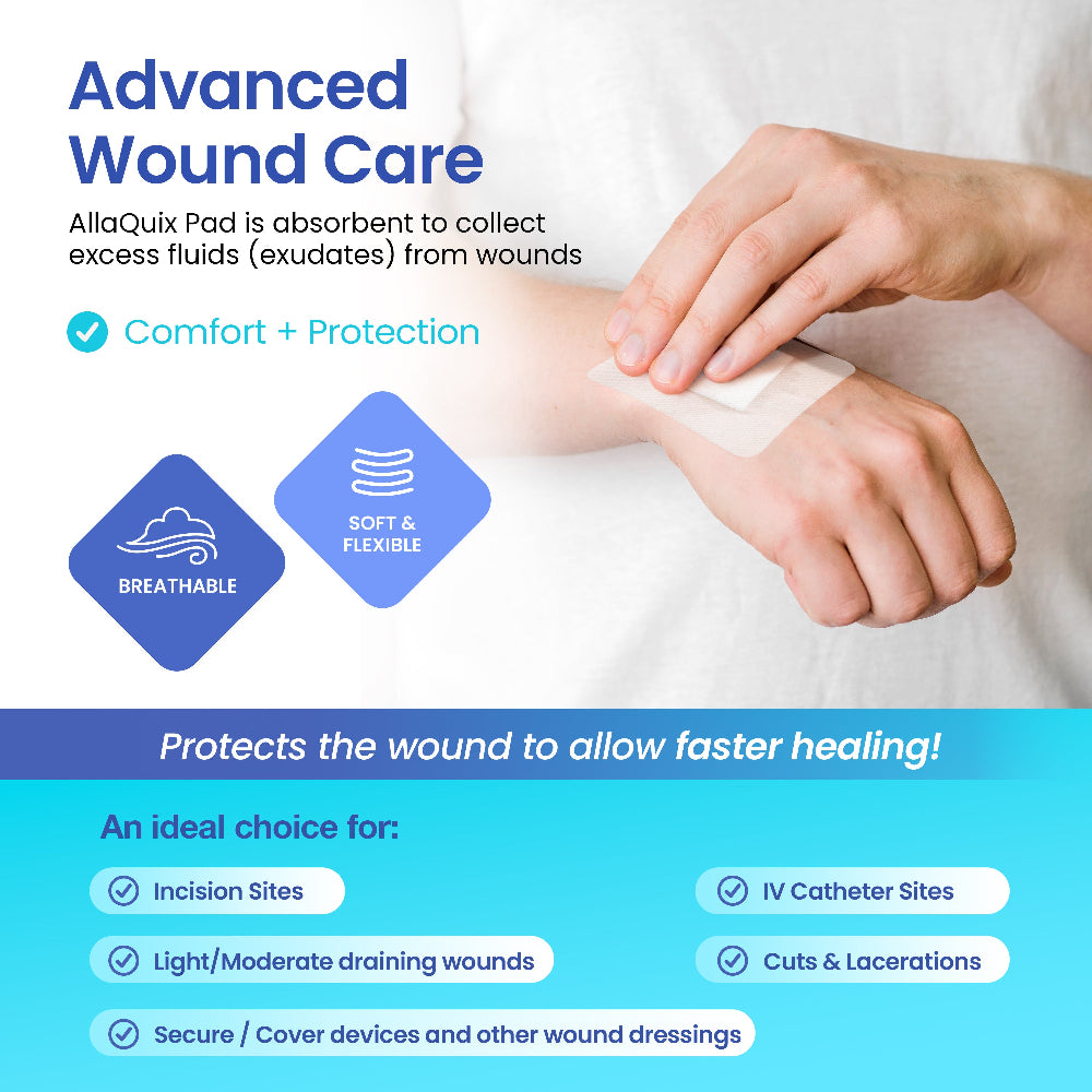 AllaQuix is an advanced wound care. AllaQuix Basic is an absorbent pad to collect excess fluids and allow for faster healing. Ideal choice for surgical dressing, draining wounds, and more.