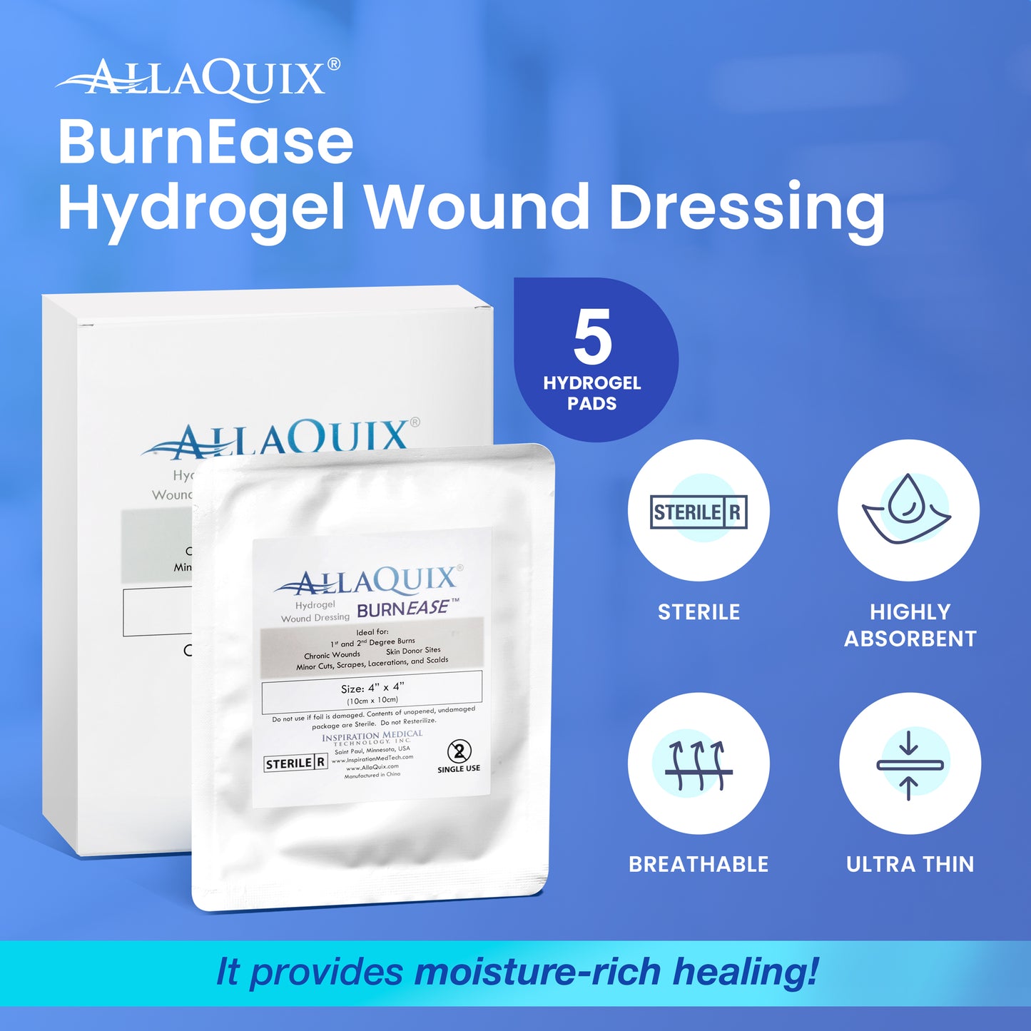 AllaQuix BurnEase Hydrogel Wound Dressing for Burns (XL 4in)