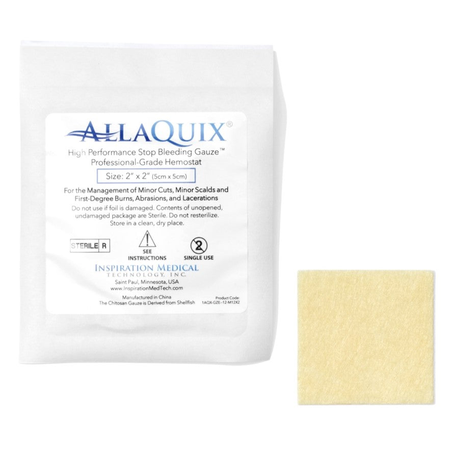 AllaQuix 2x2 Stop Bleeding Gauze packaging with gauze pad