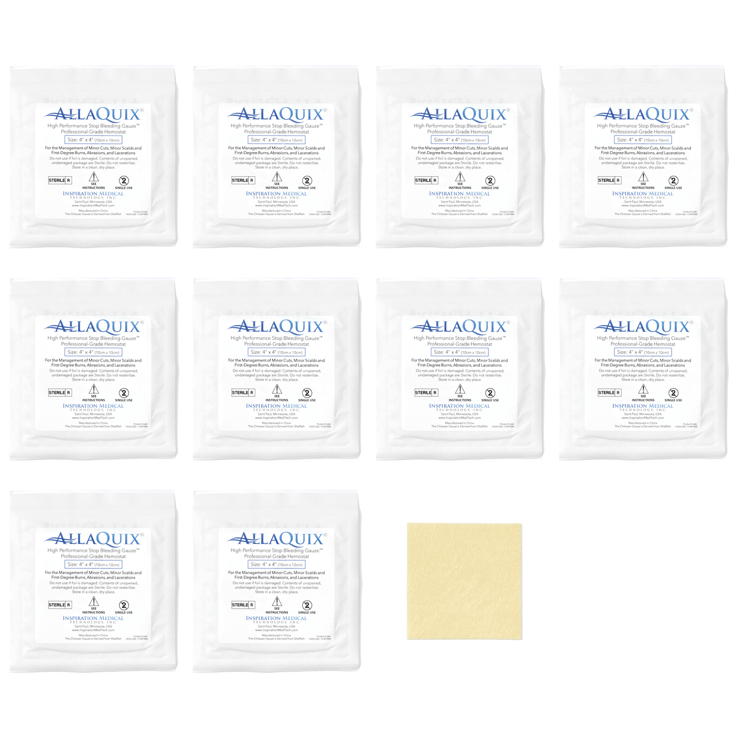 AllaQuix 4x4 Stop Bleeding Gauze packaging with gauze pad (10 pack)