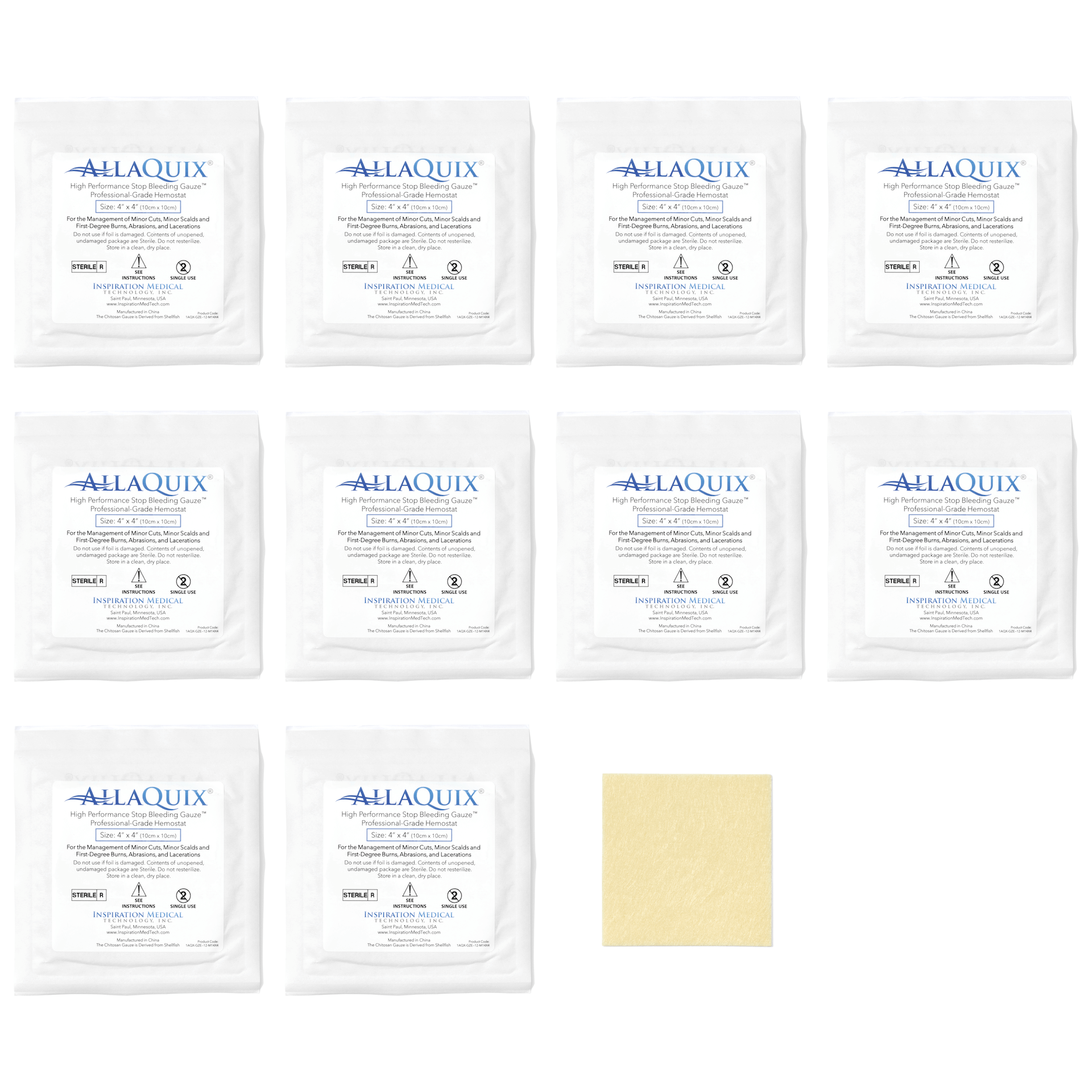 AllaQuix 4x4 Stop Bleeding Gauze packaging with gauze pad (10 pack)