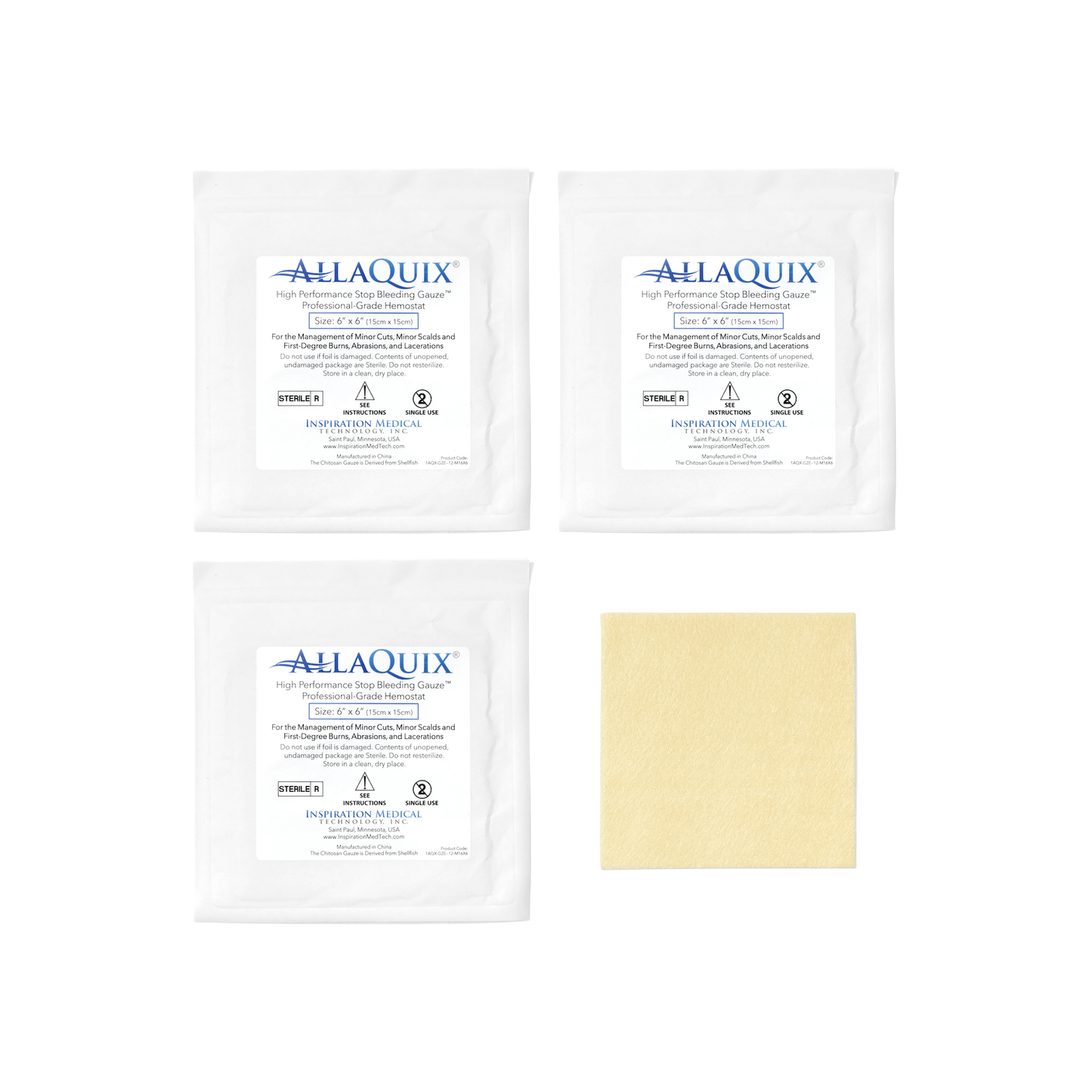 AllaQuix 6x6 Stop Bleeding Gauze packaging with gauze pad (3 pack)