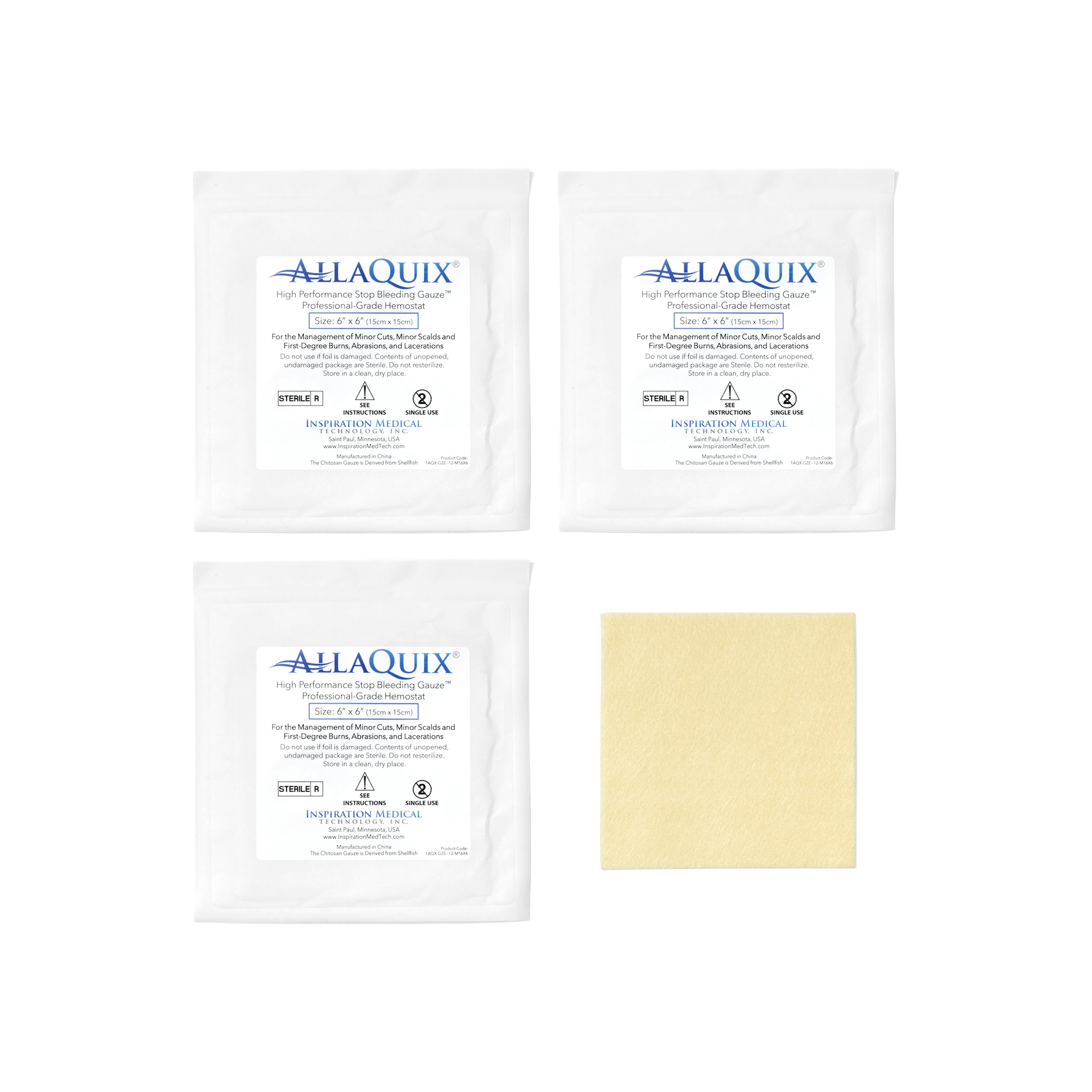 AllaQuix 6x6 Stop Bleeding Gauze packaging with gauze pad (3 pack)