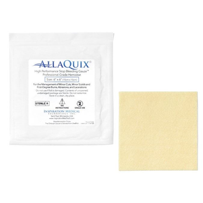 AllaQuix 6x6 Stop Bleeding Gauze packaging with gauze pad