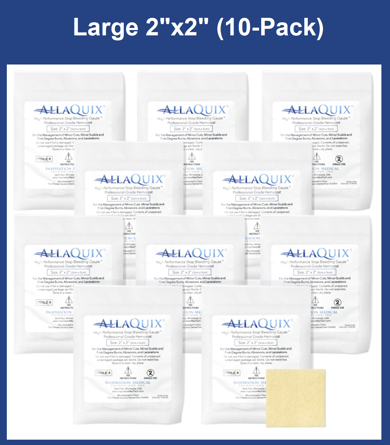 AllaQuix 2x2 Stop Bleeding Gauze packaging with gauze pad (10 pack)