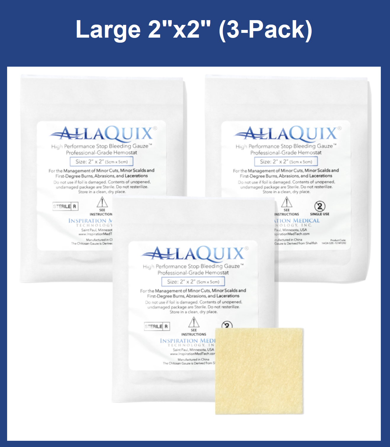 AllaQuix 2x2 Stop Bleeding Gauze packaging with gauze pad (3 pack)