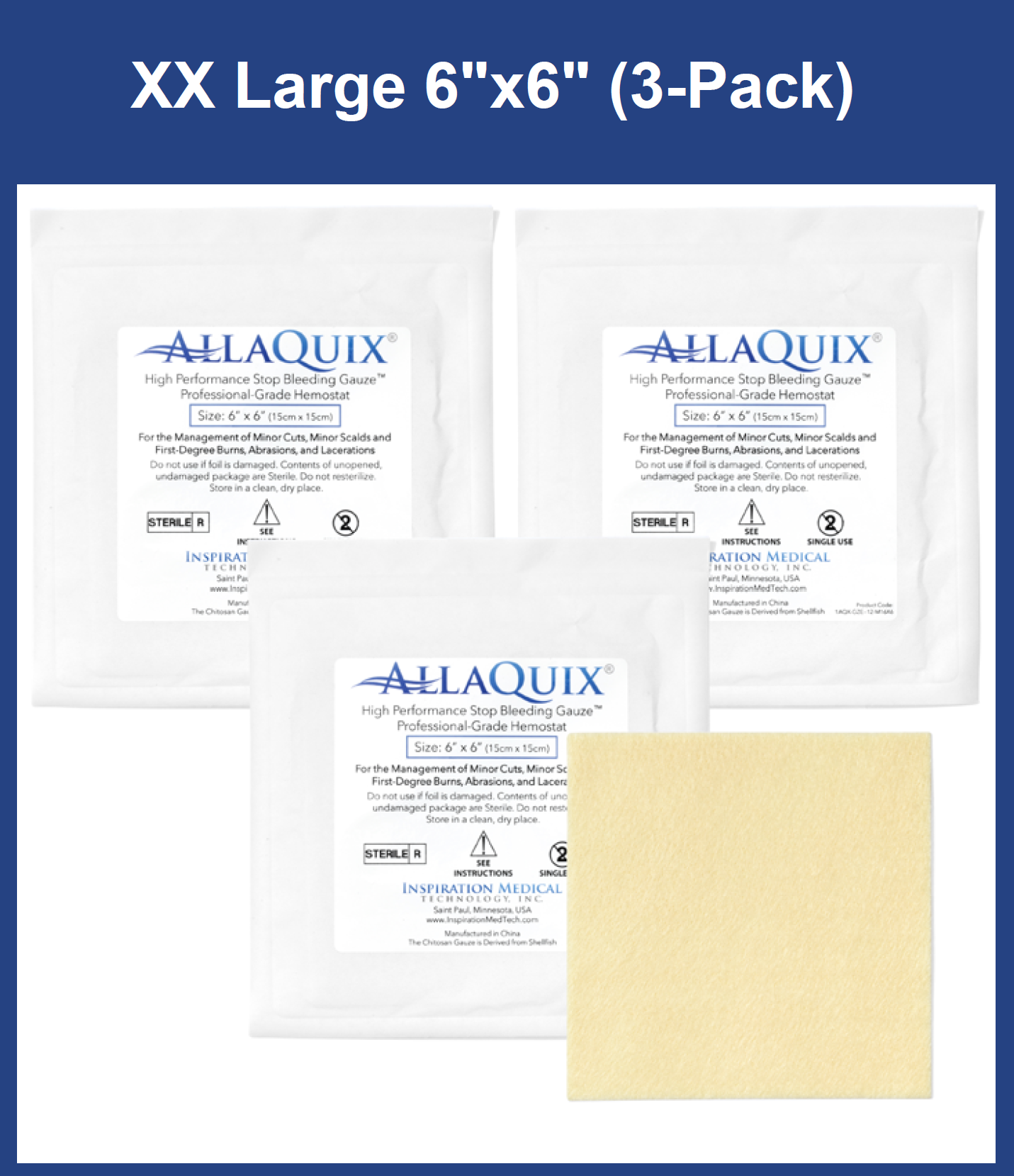 AllaQuix 6x6 Stop Bleeding Gauze packaging with gauze pad - 3 pack