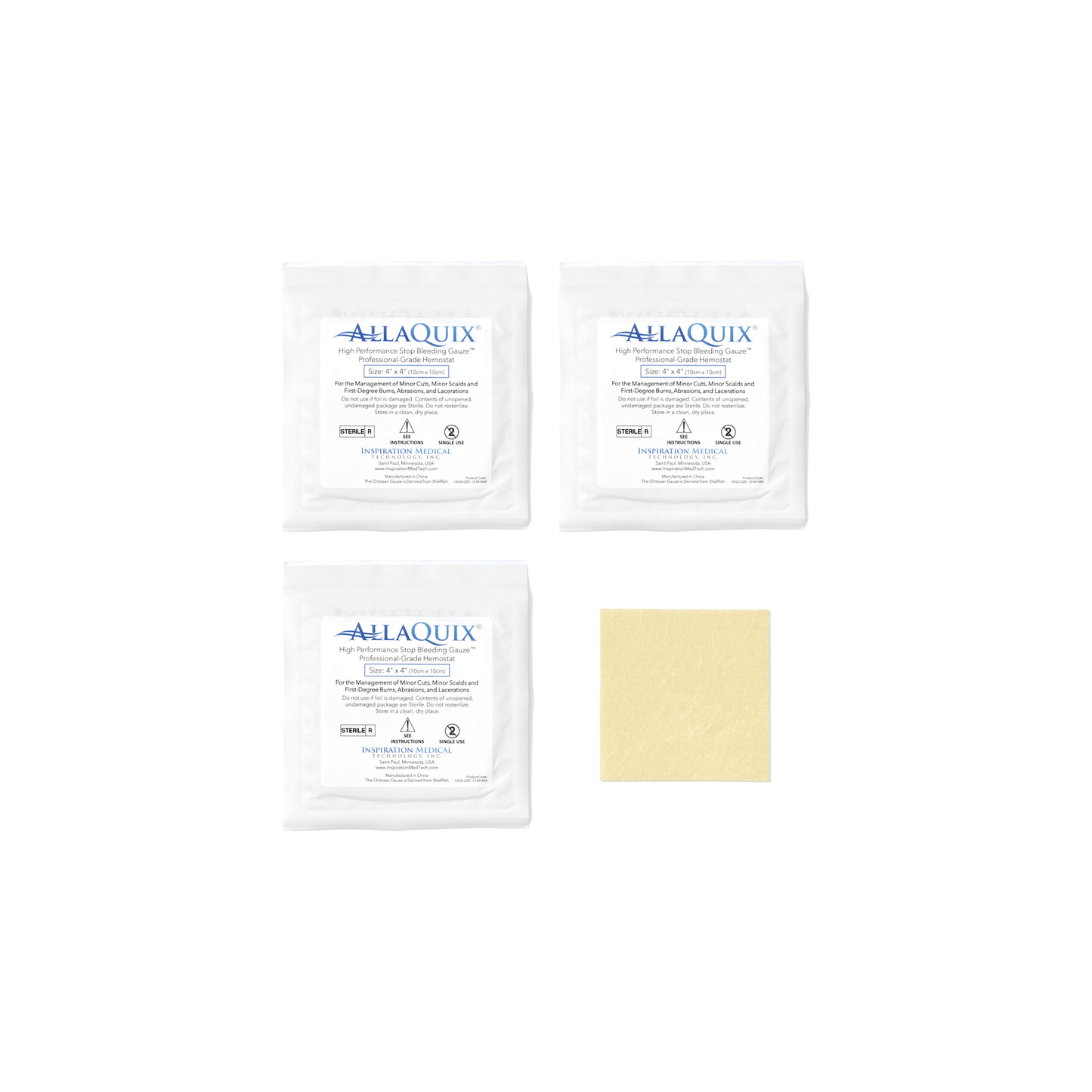 AllaQuix 4x4 Stop Bleeding Gauze packaging with gauze pad (3 pack)