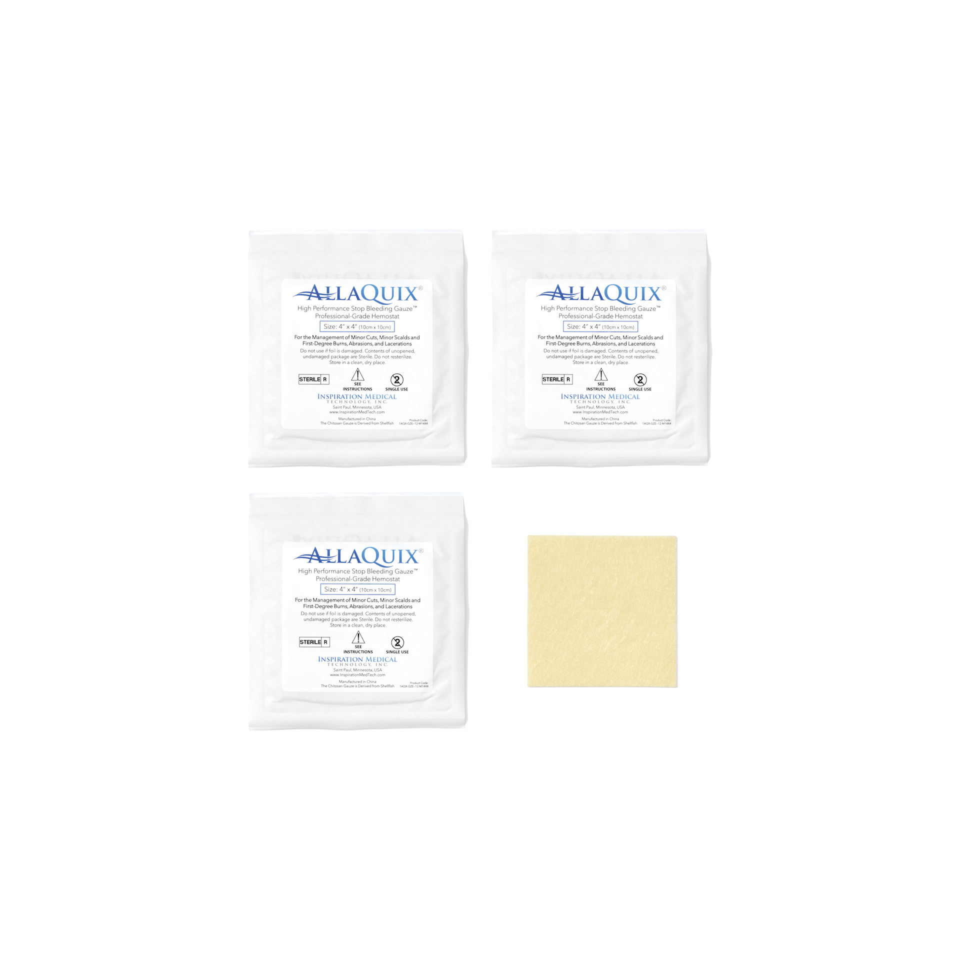 AllaQuix 4x4 Stop Bleeding Gauze packaging with gauze pad (3 pack)