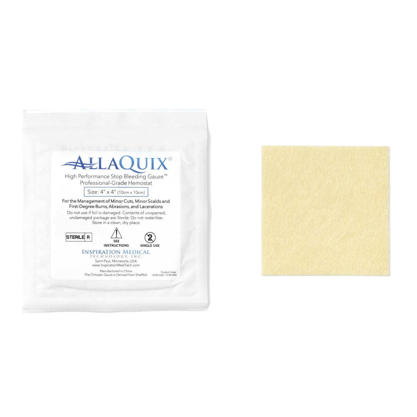 AllaQuix 4x4 Stop Bleeding Gauze packaging with gauze pad