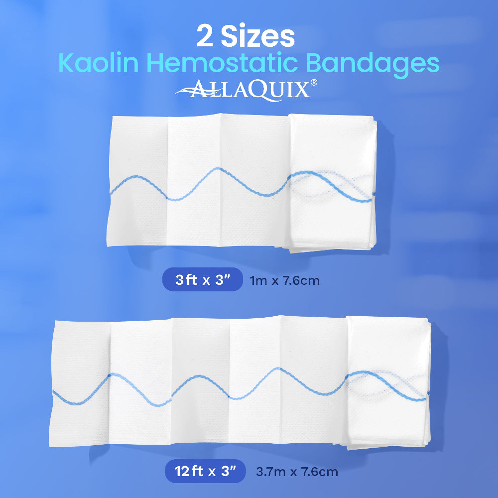Image showing two size options for AllaQuix Advanced Kaolin Hemostatic Bandage – 3ft and 12ft