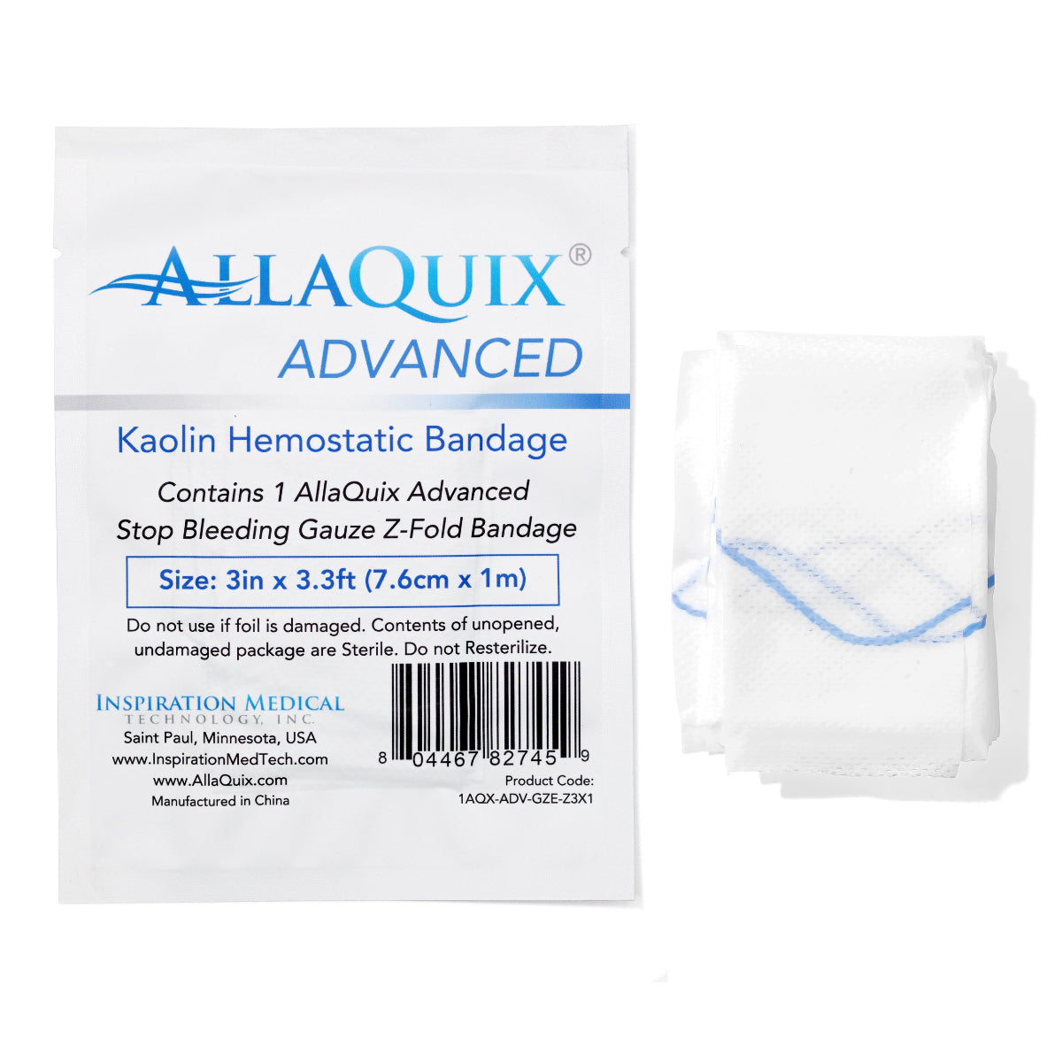 AllaQuix Advanced Kaolin Hemostatic Bandage in 3in x 3.3ft sterile package with folded Z-Fold gauze