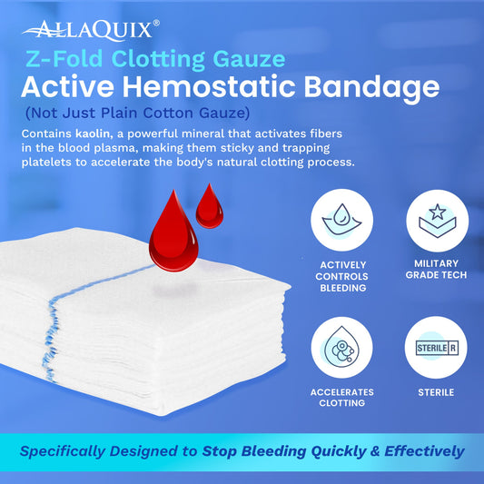 AllaQuix Advanced Z-Fold Clotting Gauze infographic showing active hemostatic kaolin technology to control bleeding