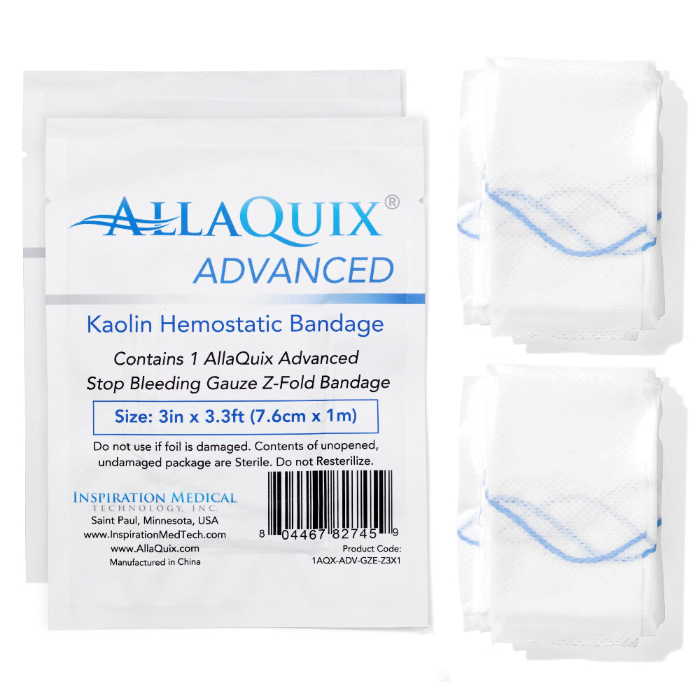 Two-pack AllaQuix Advanced 3ft Kaolin Hemostatic Bandages with packages and gauze displayed