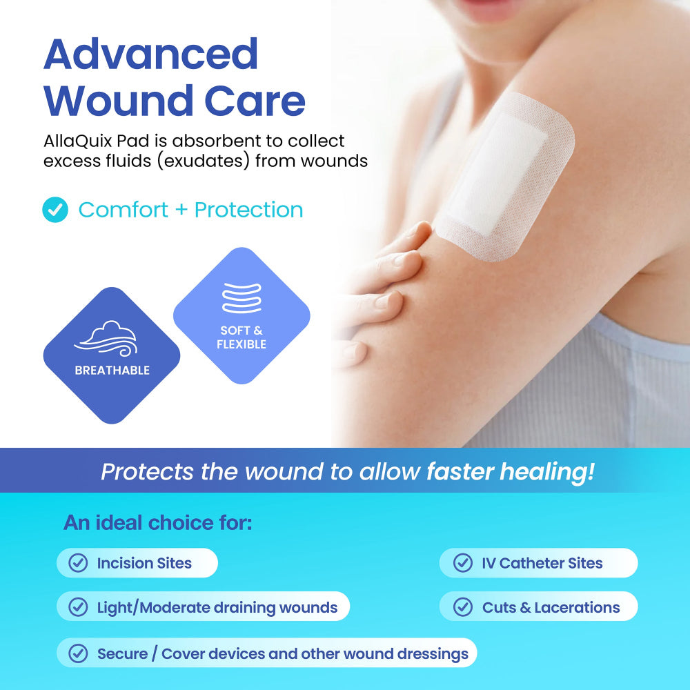 AllaQuix Basic protects the wound to allow for faster healing. It's ideal for incision sites, draining wounds, securing devices, IV catheter sites, and cuts & lacerations.