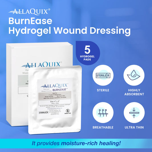 Features of AllaQuix BurnEase Hydrogel Pads: sterile, absorbent, breathable, ultra-thin