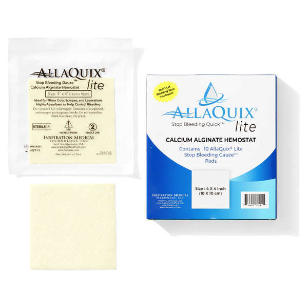 AllaQuix Lite 4x4 sterile gauze pad shown alongside packaging