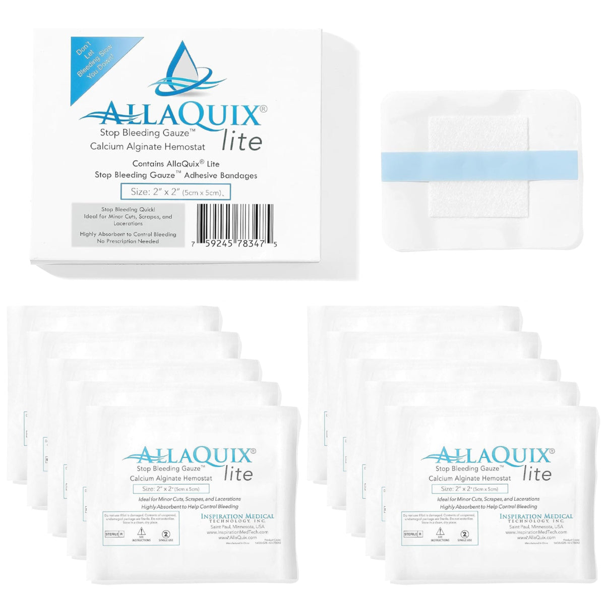 AllaQuix Lite 2x2 calcium alginate adhesive bandages with box and sterile pouches (20 pack)