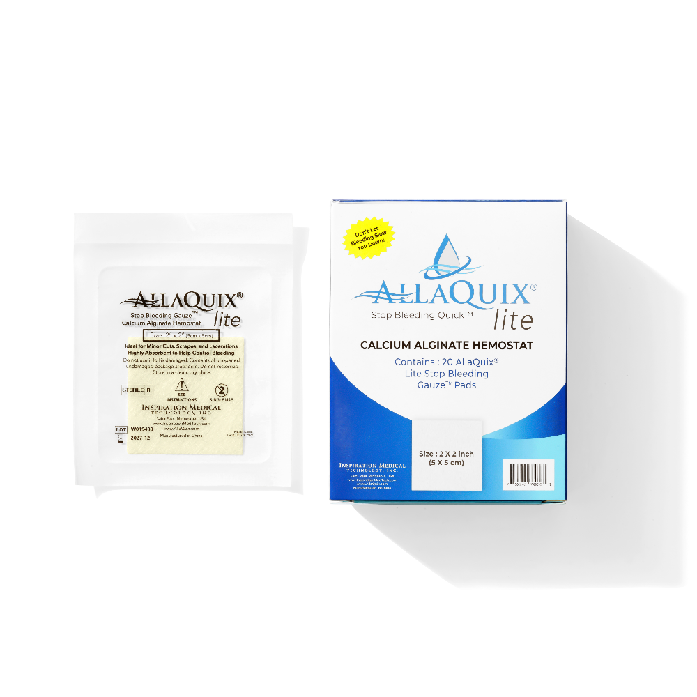 AllaQuix Lite calcium alginate gauze product shown with outer box and sterile pouch