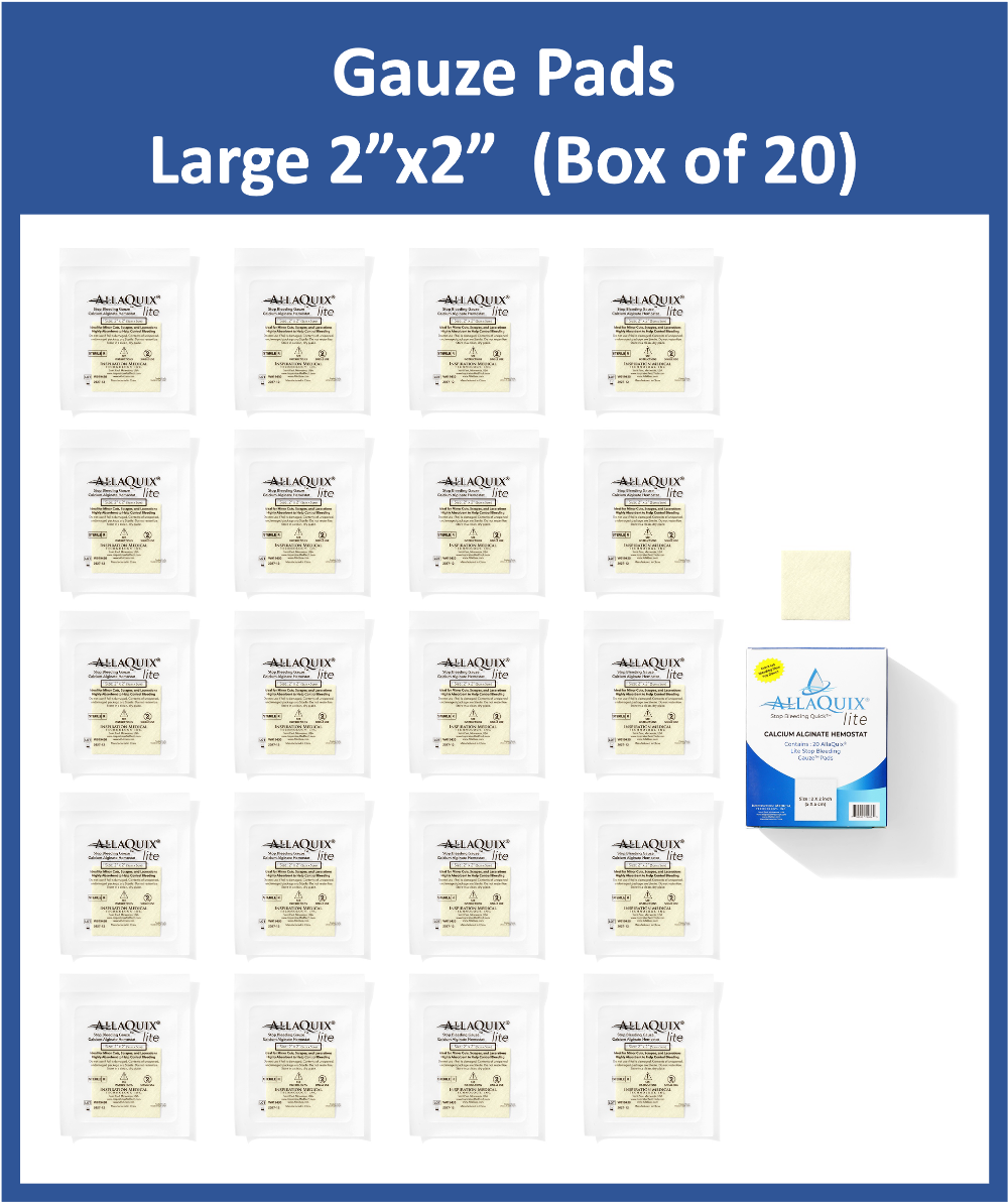 AllaQuix Lite Stop Bleeding Gauze 2x2 shown as box of 20 individually wrapped pads