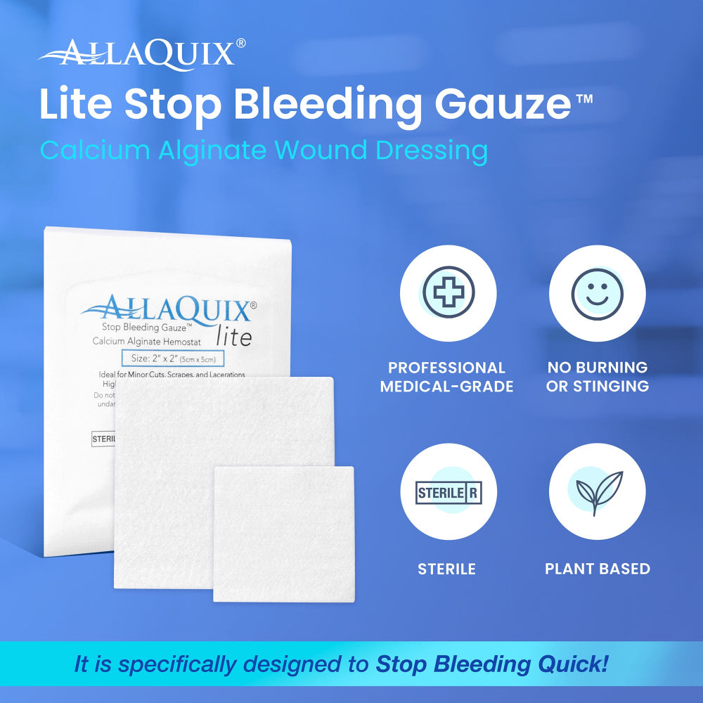 AllaQuix Lite hemostatic gauze with product icons including sterile, plant-based, and professional-grade