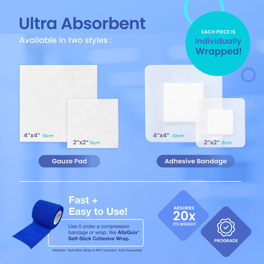 AllaQuix Lite gauze pads shown in 2x2 and 4x4 sizes with note on individual wrapping