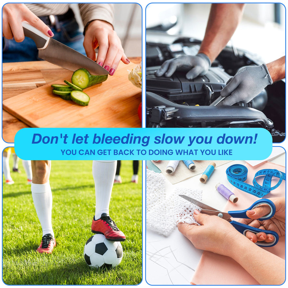 AllaQuix Lite adhesive bandage lifestyle image with use cases like cooking, sports, auto repair, and crafting