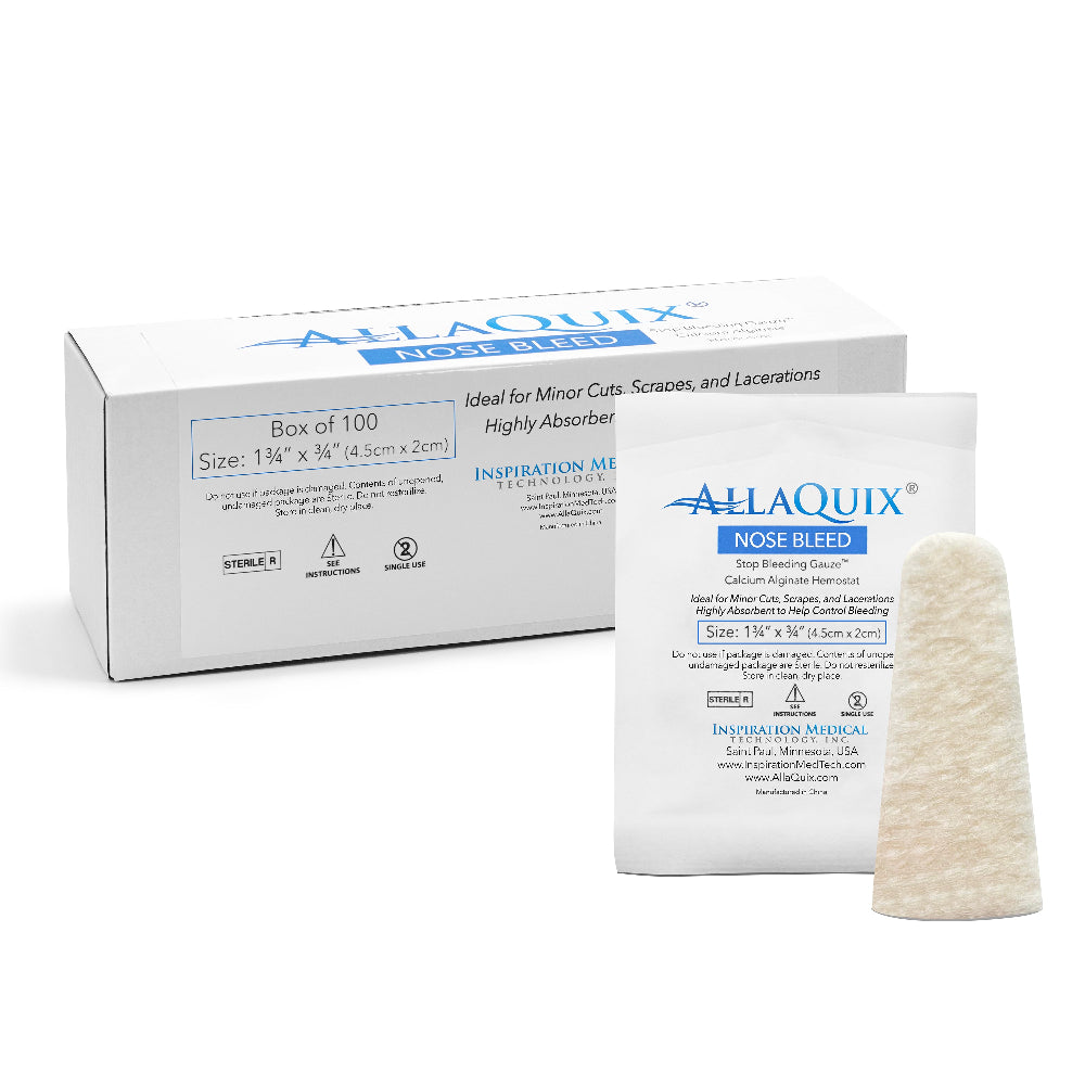 AllaQuix Nose Bleed 100-count box with gauze packet and nasal plug shown