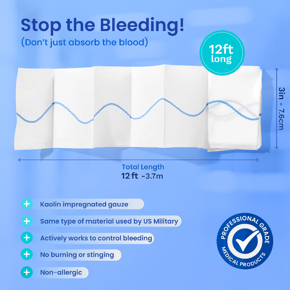 Infographic of 12-foot AllaQuix Kaolin Z-Fold Bandage showing dimensions and clotting benefits