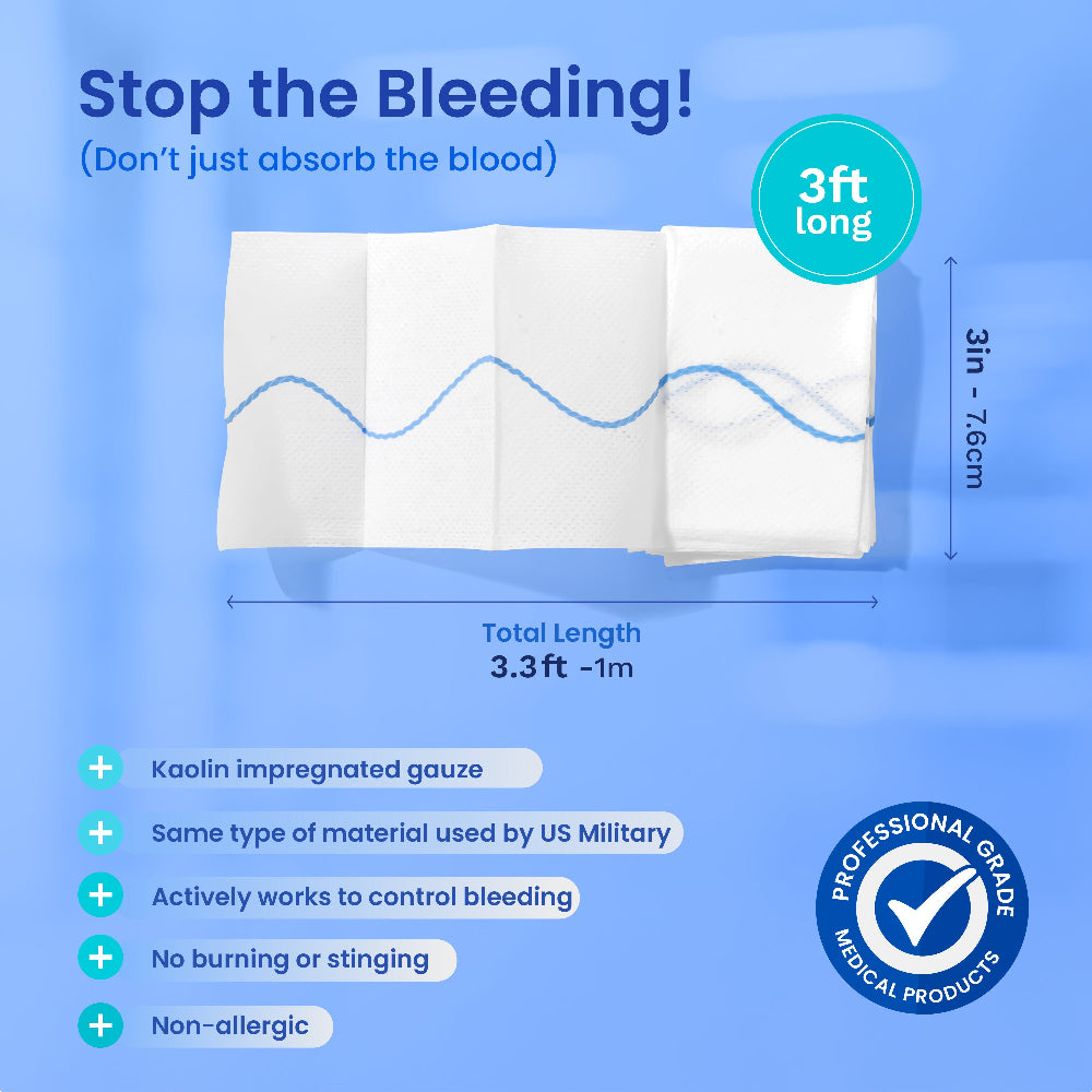 Graphic displaying 3-foot AllaQuix Advanced Kaolin Gauze with callouts for clotting and non-allergenic features