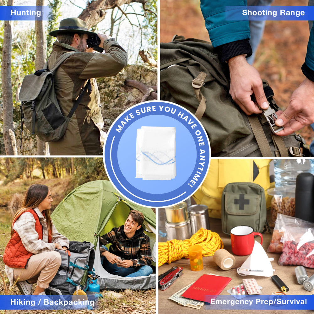 Lifestyle image showcasing uses of AllaQuix Advanced Z-Fold Bandage for emergency kits, hiking, survival, and first aid