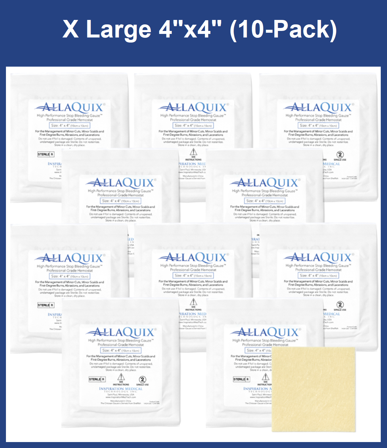 AllaQuix 4x4 Stop Bleeding Gauze packaging with gauze pad (10 pack)