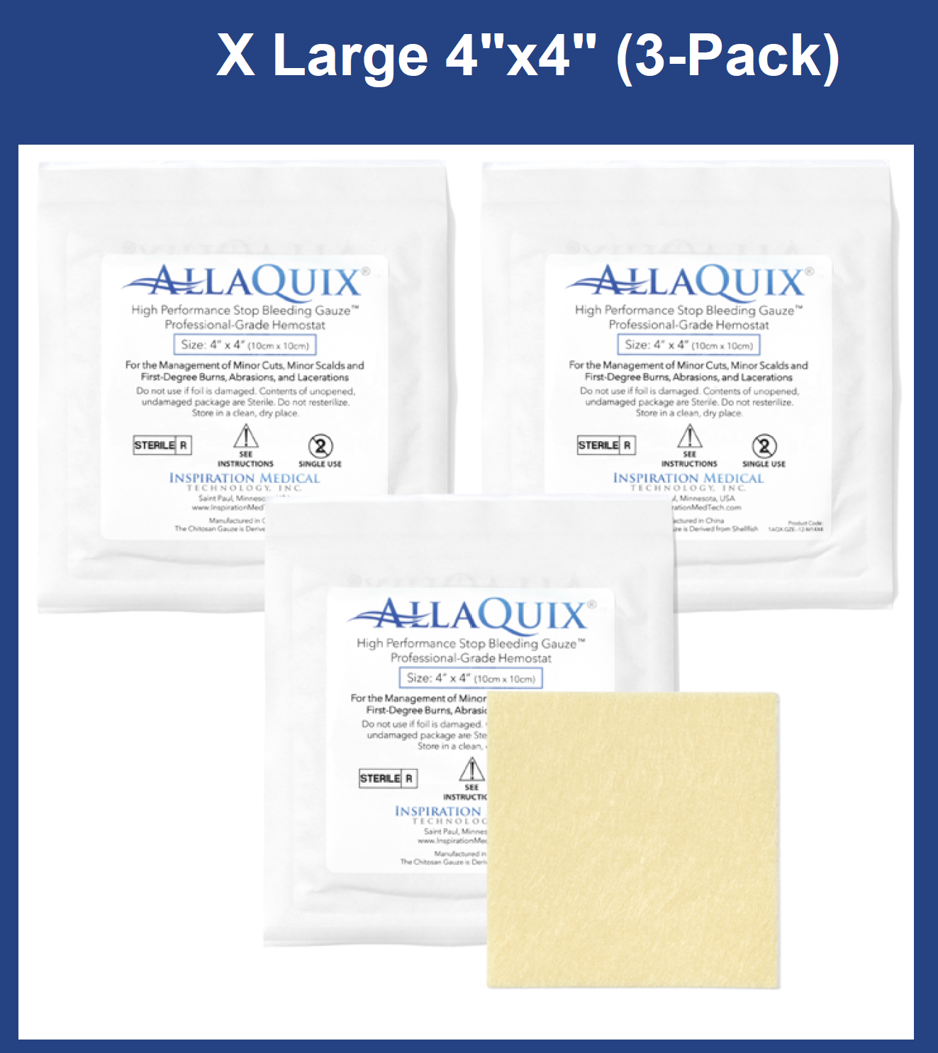 AllaQuix 4x4 Stop Bleeding Gauze packaging with gauze pad (3 pack)