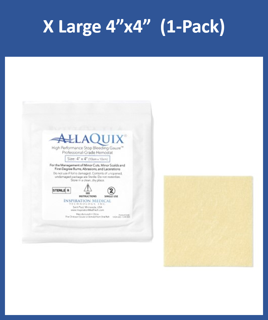 AllaQuix 4x4 Stop Bleeding Gauze packaging with gauze pad (1 pack)
