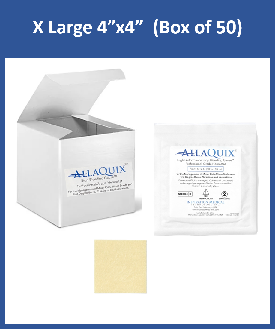AllaQuix 4x4 Stop Bleeding Gauze packaging with gauze pad (Box of 50)