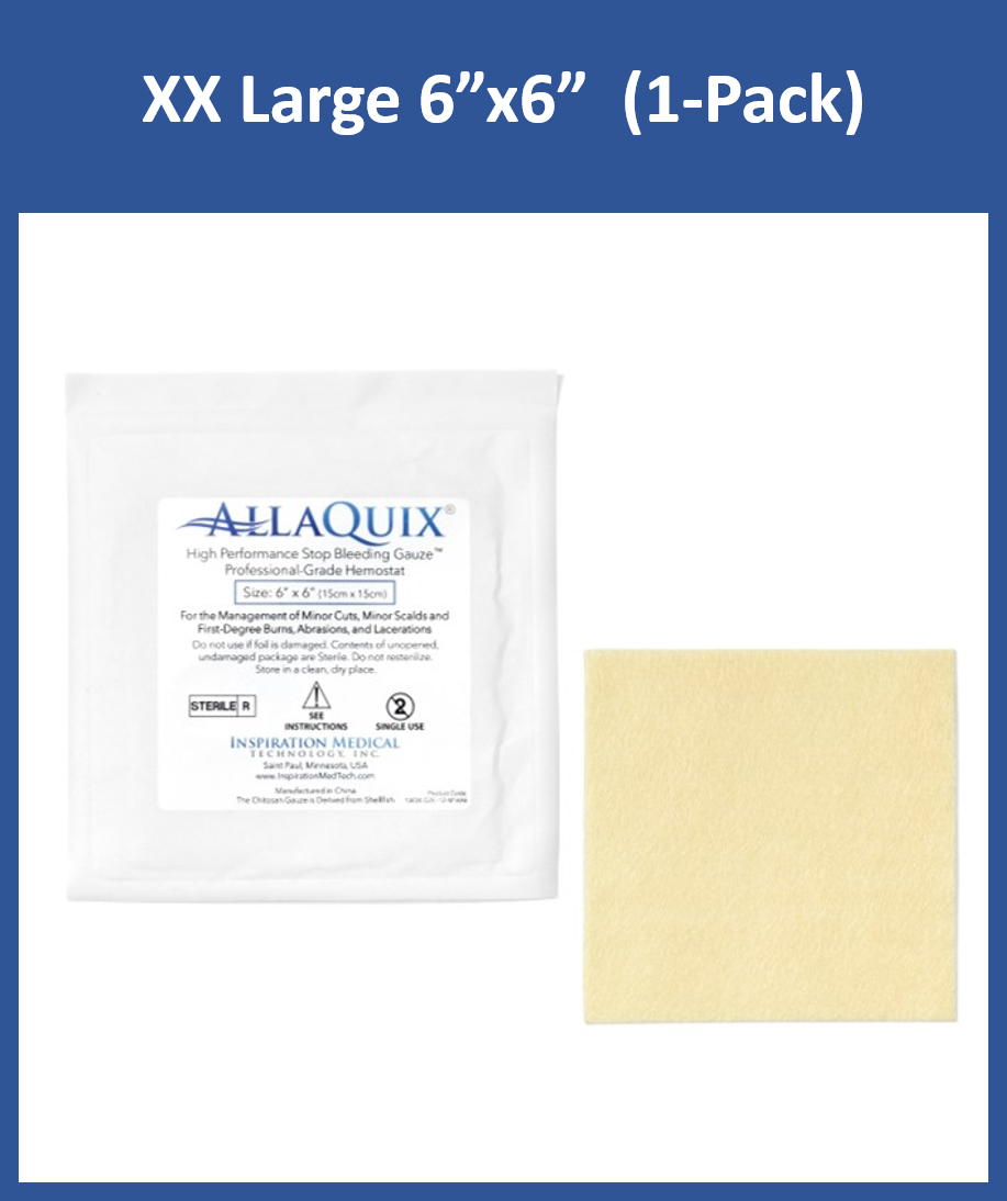 AllaQuix 6x6 Stop Bleeding Gauze packaging with gauze pad - 1 pack