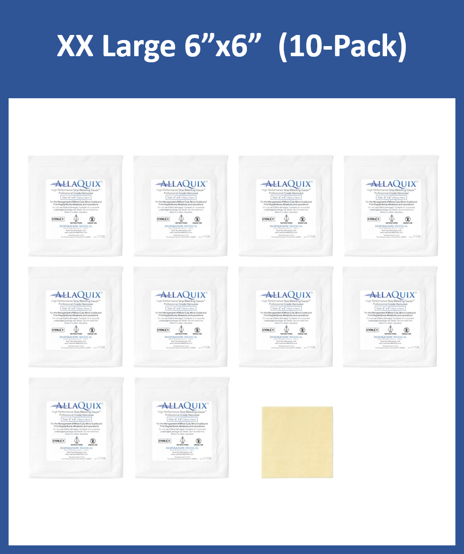 AllaQuix 6x6 Stop Bleeding Gauze packaging with gauze pad - 10 pack
