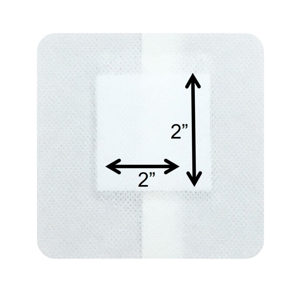 Close-up of AllaQuix Basic Gauze Island Dressing – 2x2 inch absorbent pad with 1 inch adhesive border