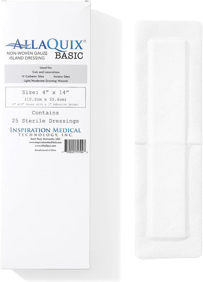 AllaQuix Basic Non-Woven Sterile Gauze Island Dressing (4" x 14") - Advanced Wound Care – Medical-Grade Adhesive Gauze Pads