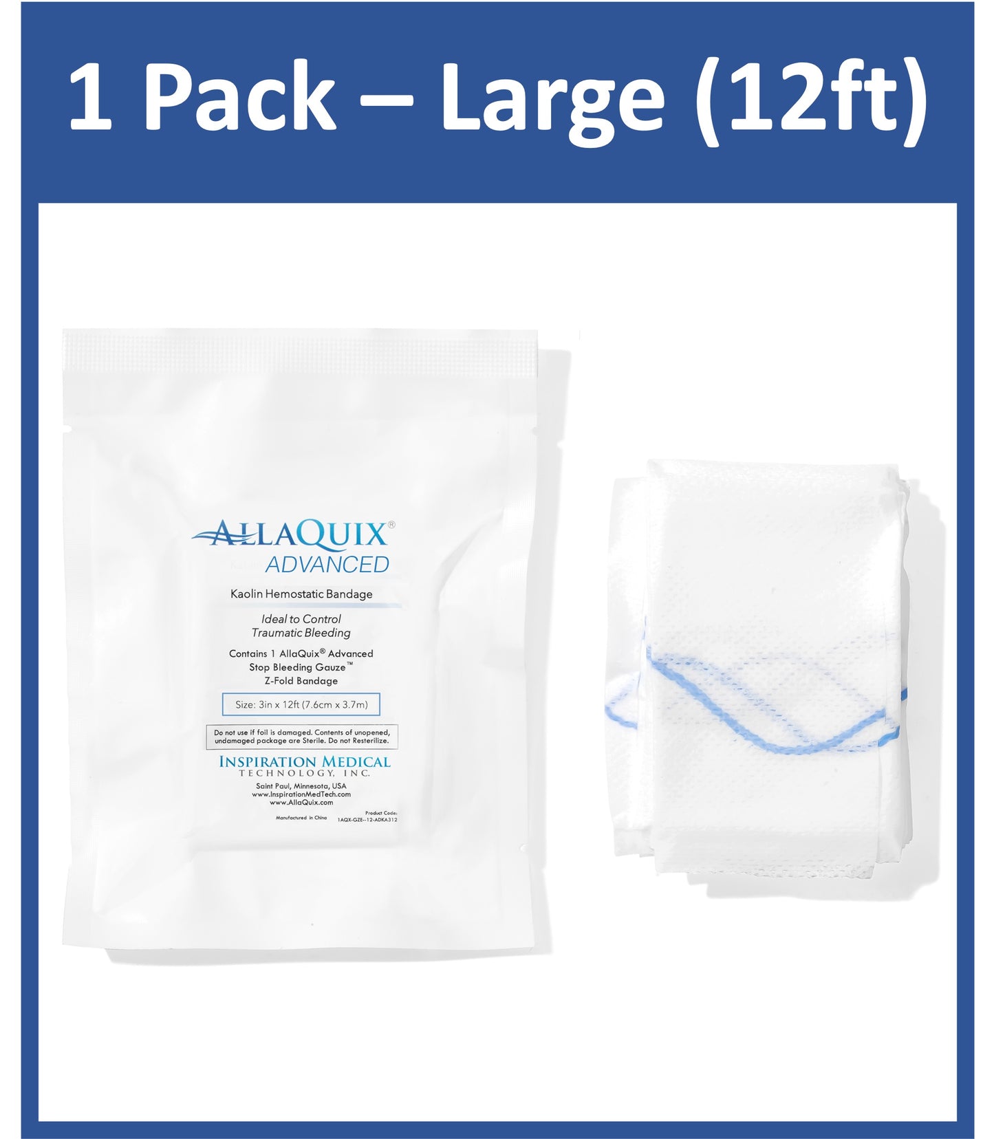 AllaQuix Advanced: Kaolin Hemostatic Bandage - Sterile Z-Fold Clotting Gauze