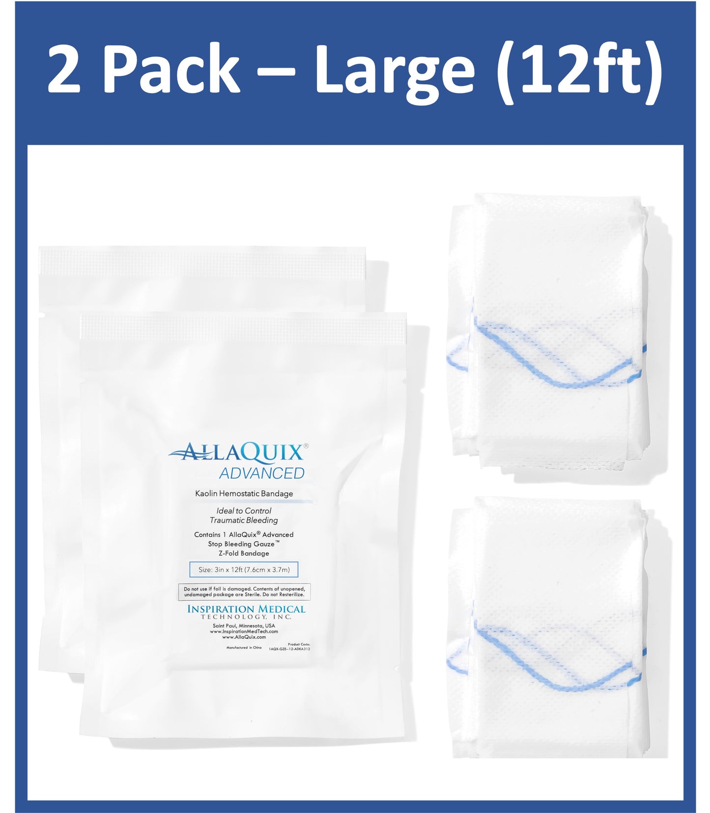 AllaQuix Advanced: Kaolin Hemostatic Bandage - Sterile Z-Fold Clotting Gauze