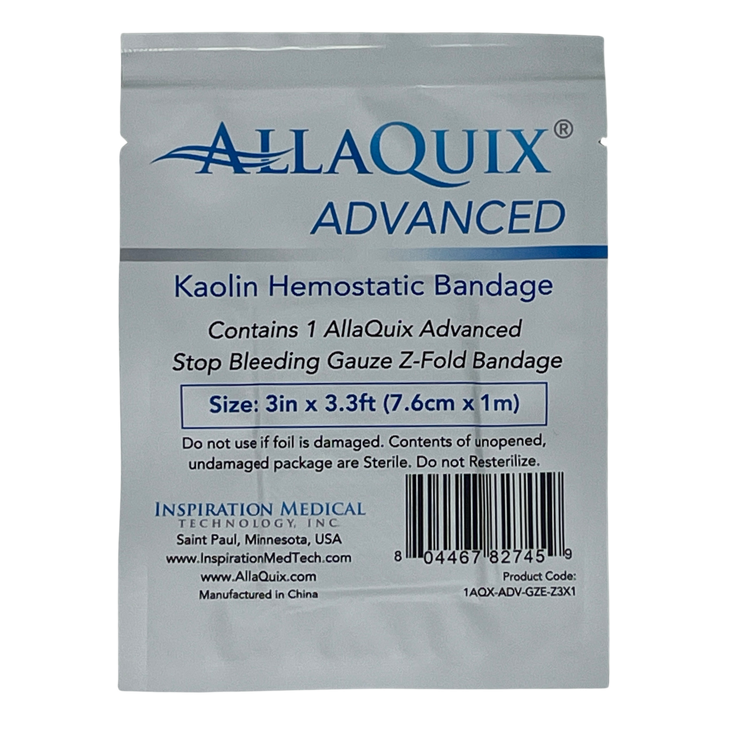 AllaQuix Advanced: Kaolin Hemostatic Bandage - Sterile Z-Fold Clotting Gauze