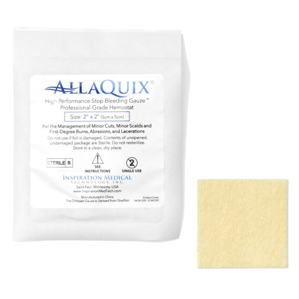 AllaQuix 2x2 Stop Bleeding Gauze packaging with gauze pad