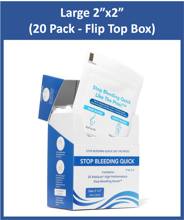 AllaQuix High Performance Stop Bleeding Gauze, large 2x2 inch, 20 pack flip-top box with individual packets