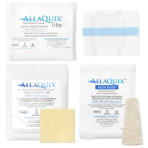 AllaQuix sample packets: Lite gauze, High Performance gauze and Nose Bleed plug